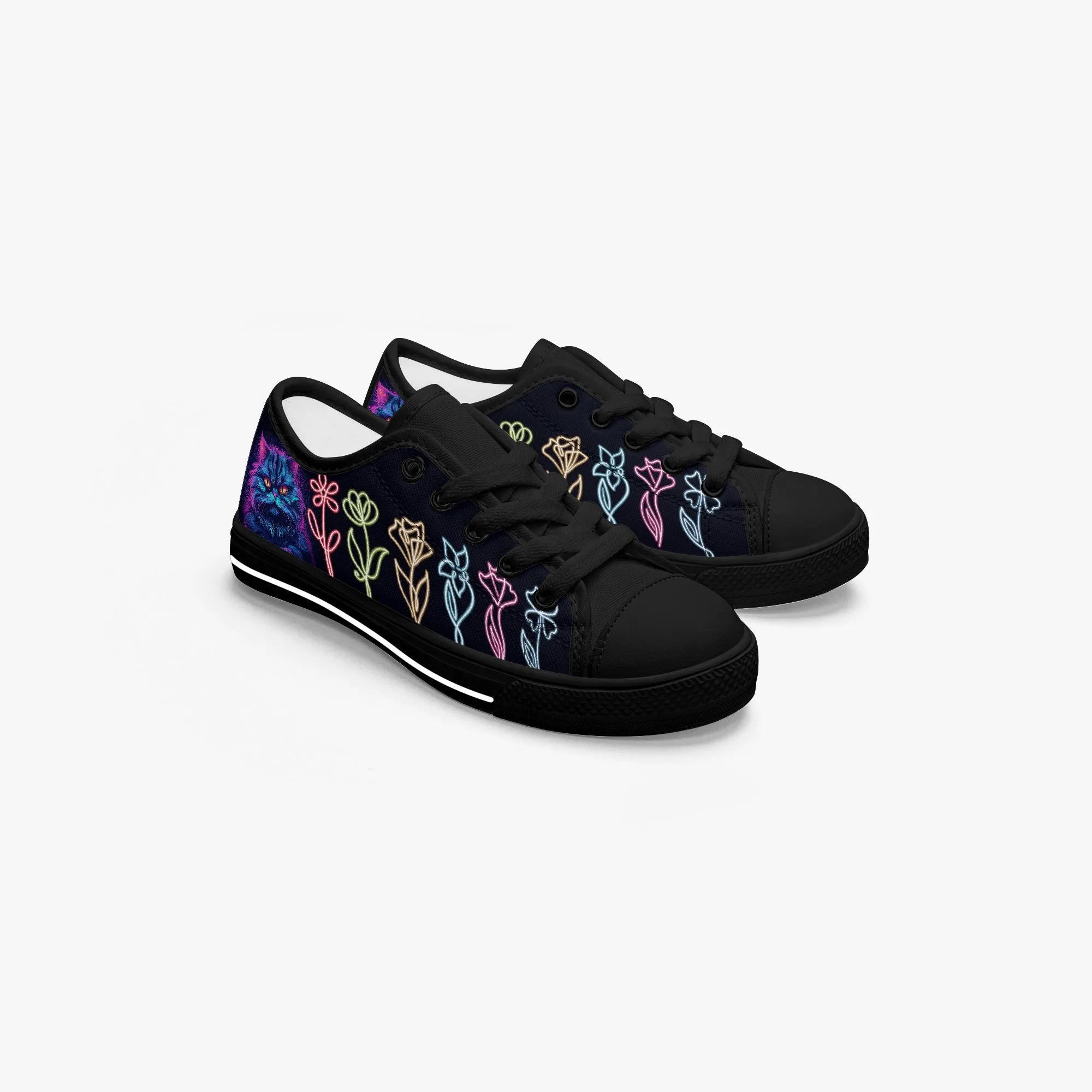 Kid’s Low-Top Canvas Shoes-Black neon cat neon flowers