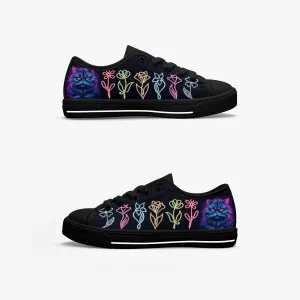 Kid’s Low-Top Canvas Shoes-Black neon cat neon flowers