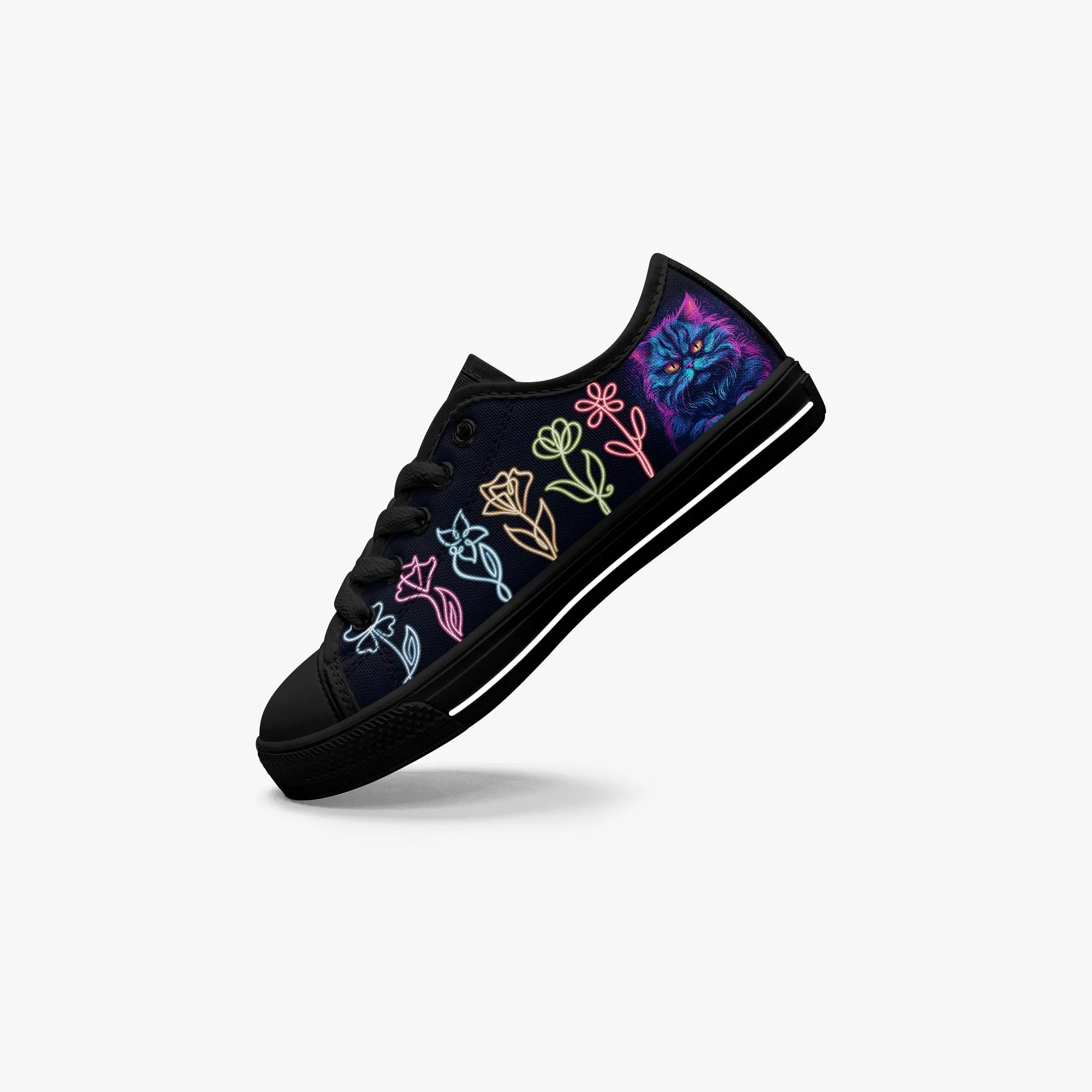 Kid’s Low-Top Canvas Shoes-Black neon cat neon flowers