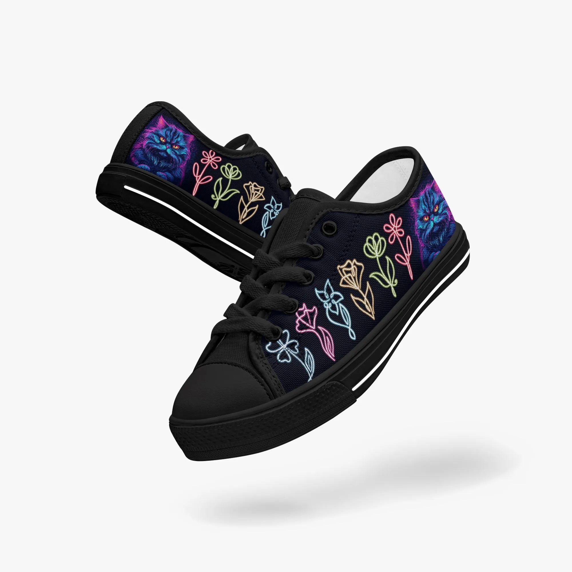 Kid’s Low-Top Canvas Shoes-Black neon cat neon flowers