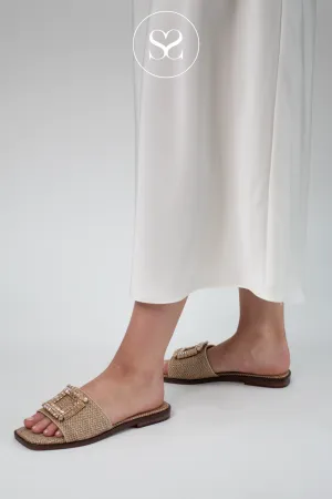 LODI NU4890 CAMEL LEATHER/BASKET WEAVE FLAT SLIDER SANDALS