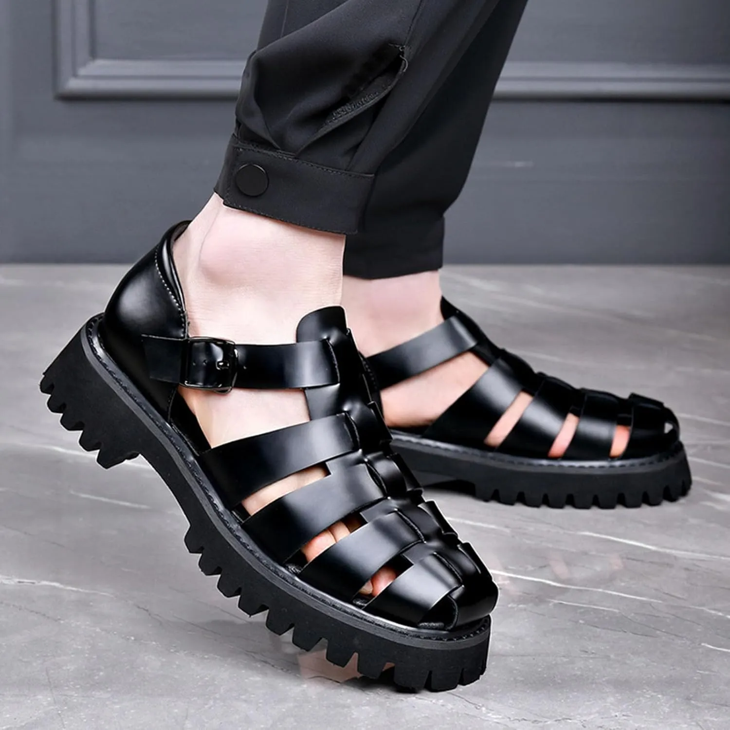 Men's Retro Genuine Leather Thick Soled Fisherman Sandals Summer Outdoor Adjustable Closed Toe Sandals Breathable And Lightweight Arch Support Sandals