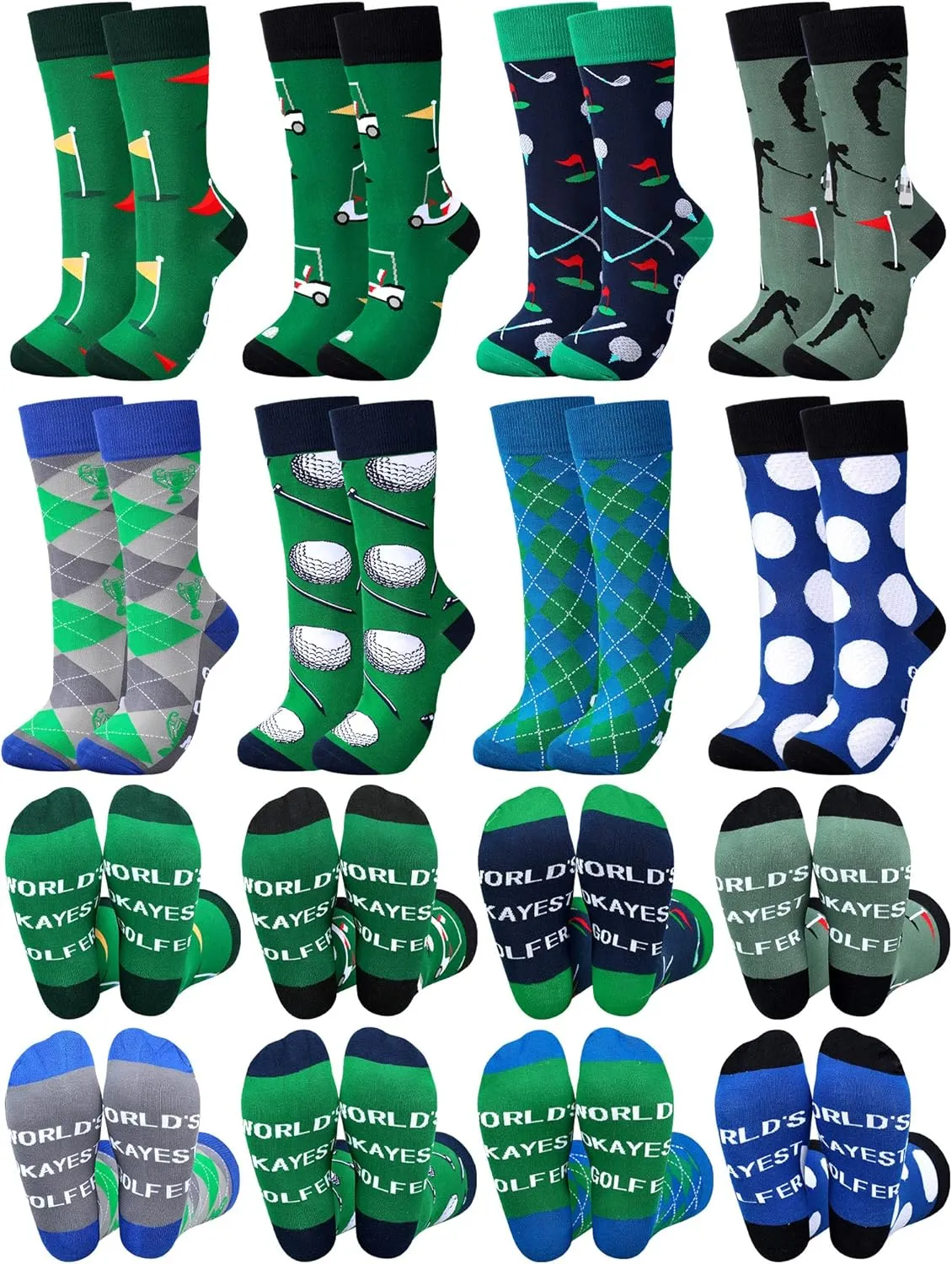 Patelai 8 Pair Funny Golf Socks for Men Shoe Size 7-12, Novelty Design Fun Golfing Crew Socks for Golf Lover Birthday Father's Day