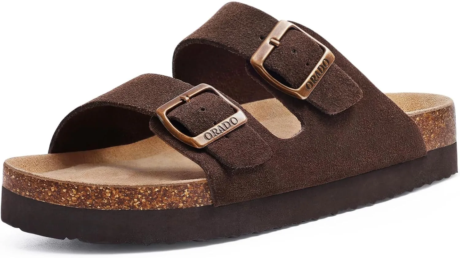 Platform Suede Sandals Soft Cork Footbed Summer Slides with Adjustable Buckle, Brown 38 (size 7-7.5)