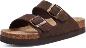 Platform Suede Sandals Soft Cork Footbed Summer Slides with Adjustable Buckle, Brown 38 (size 7-7.5)
