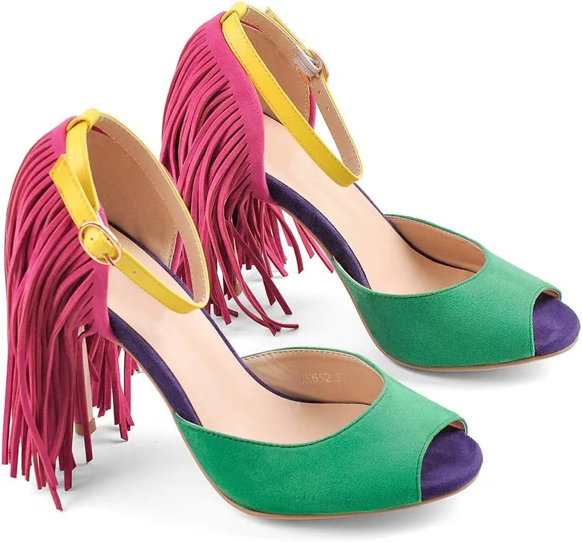 richealnini Women's Fringe Ankle Strap Peep Toe Heeled Sandals Buckle Up Stiletto Heels with Tassels Party Dress Shoes