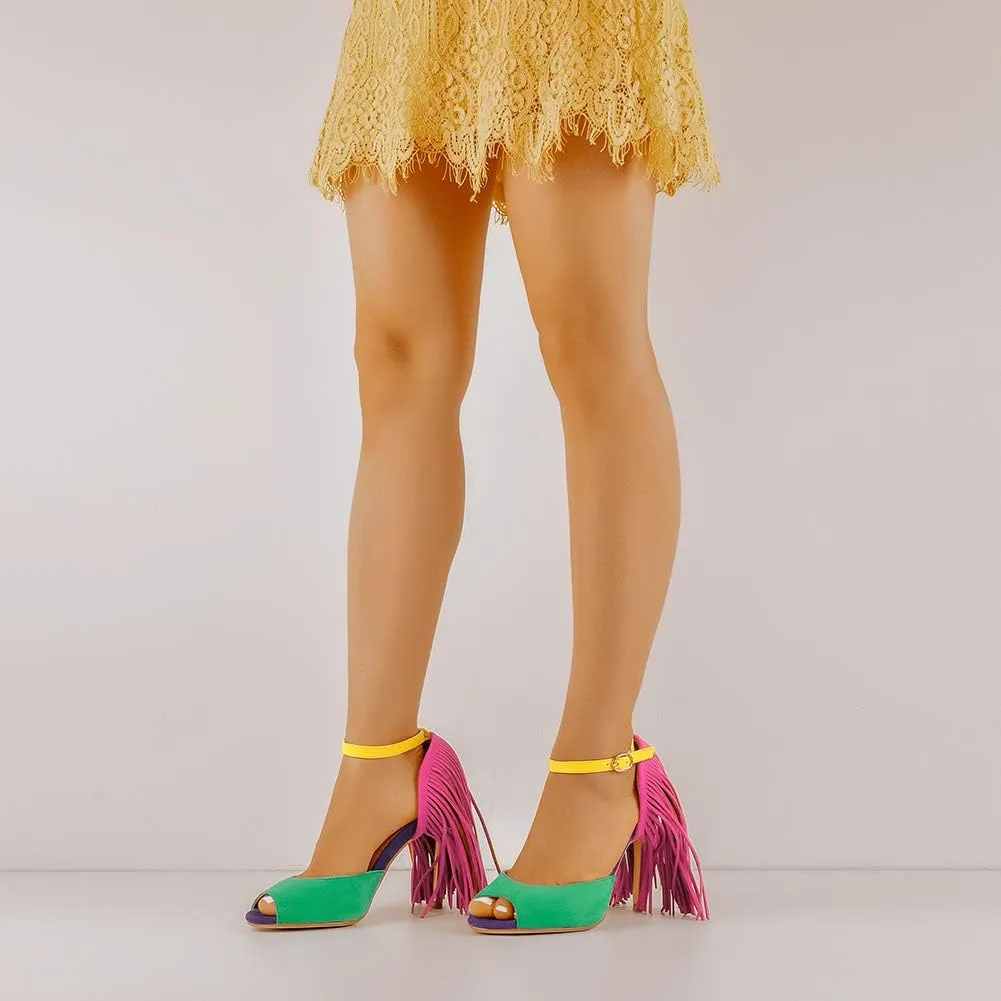 richealnini Women's Fringe Ankle Strap Peep Toe Heeled Sandals Buckle Up Stiletto Heels with Tassels Party Dress Shoes