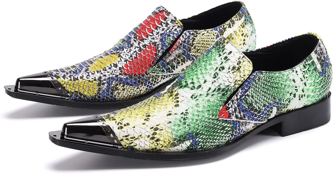 Santimon Mens Slip On Dress Loafers Multicolor Formal Oiled Poured Painting Casual Smoking Breathable Tuxedo Metal Pointed Tip for Party Wedding Shoes