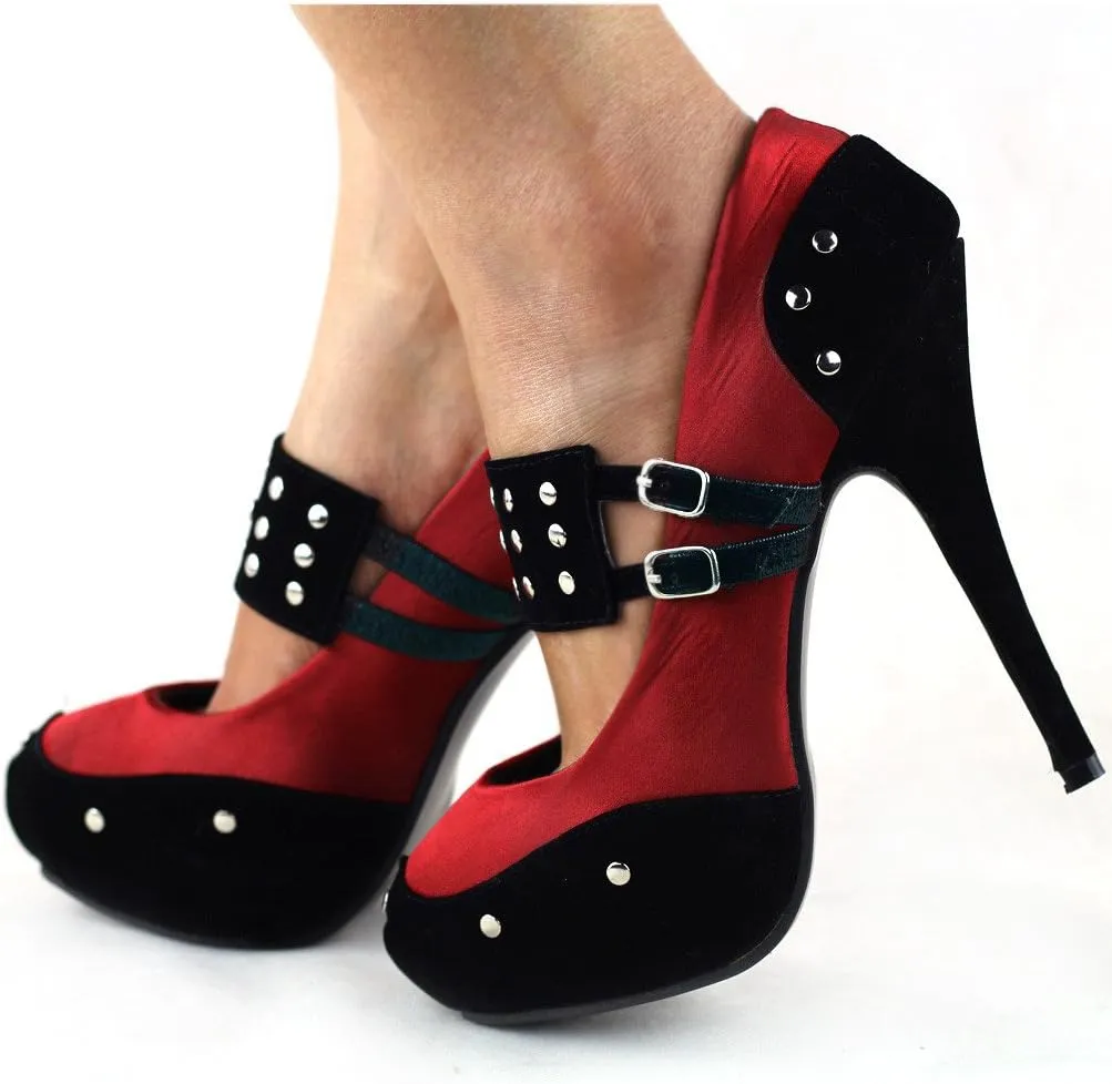 SHOW STORY Two Tone Metal Stud Buckle High Heel Stiletto Platform Pumps,LF30438