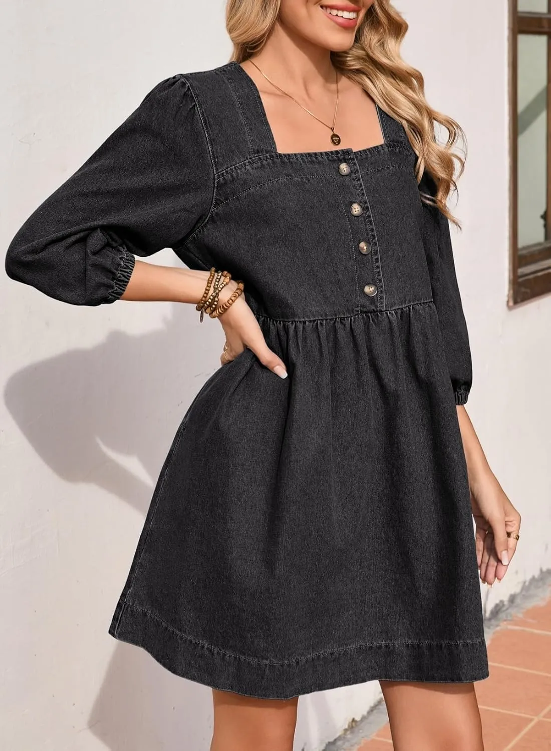 Sidefeel Women's Spring Outfit Denim Dress 3/4 Sleeve Loose Fit Square Neck Summer Jean Dresses with Pockets