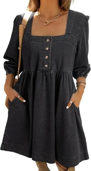 Sidefeel Women's Spring Outfit Denim Dress 3/4 Sleeve Loose Fit Square Neck Summer Jean Dresses with Pockets