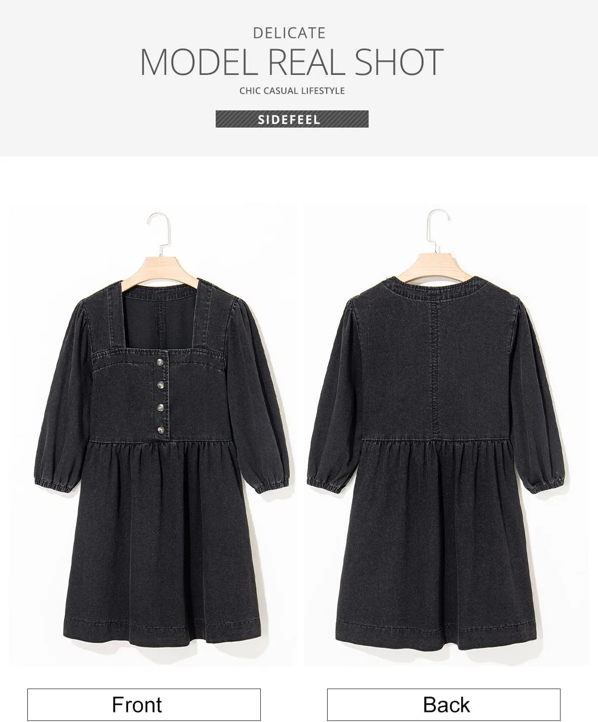 Sidefeel Women's Spring Outfit Denim Dress 3/4 Sleeve Loose Fit Square Neck Summer Jean Dresses with Pockets