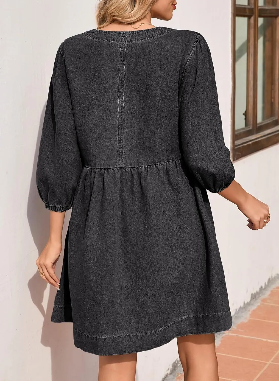 Sidefeel Women's Spring Outfit Denim Dress 3/4 Sleeve Loose Fit Square Neck Summer Jean Dresses with Pockets