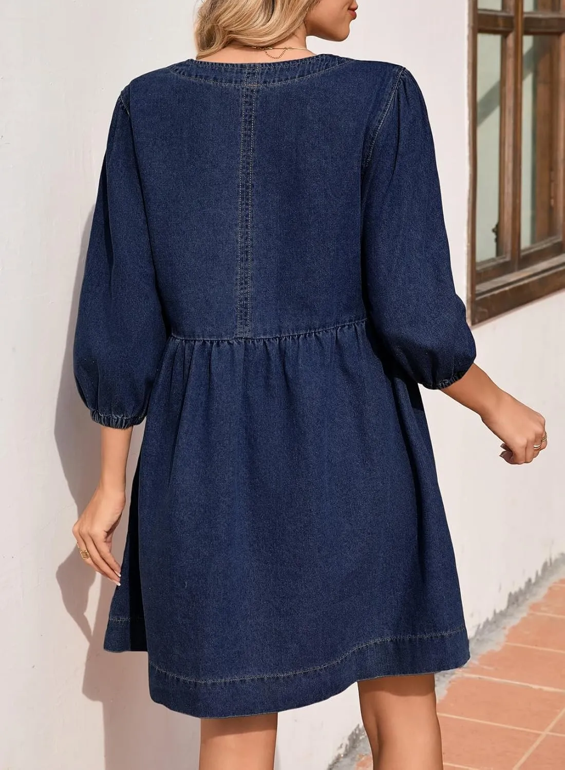 Sidefeel Women's Spring Outfit Denim Dress 3/4 Sleeve Loose Fit Square Neck Summer Jean Dresses with Pockets