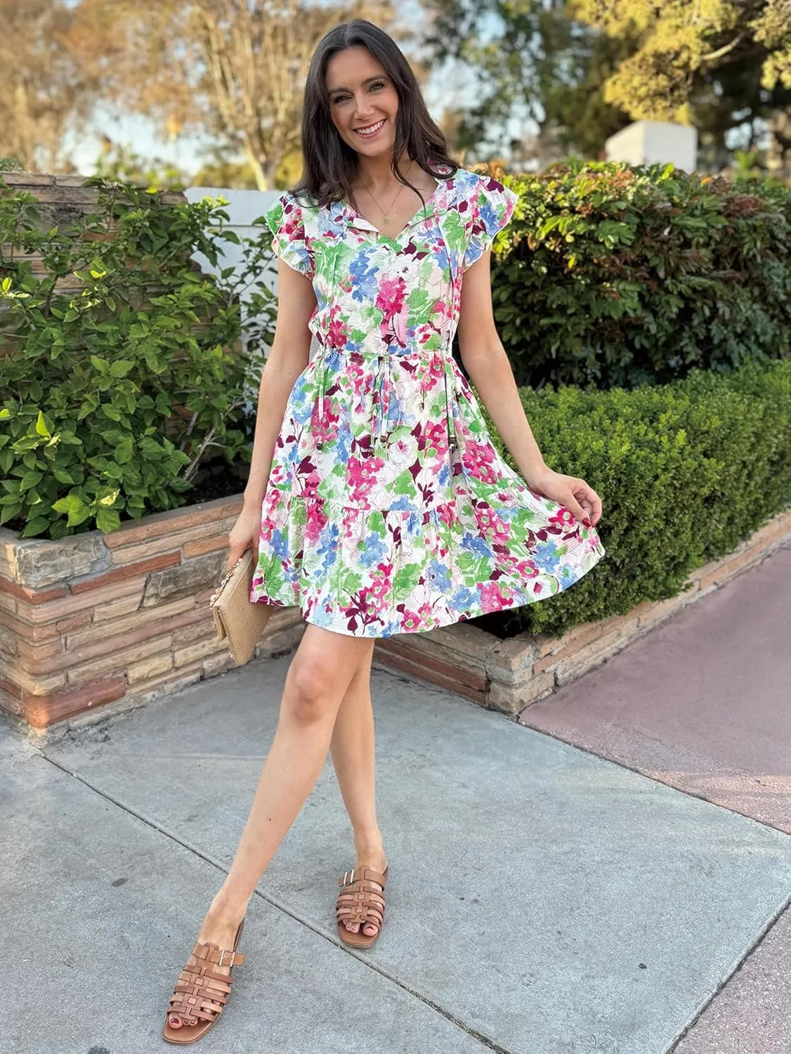 Simplee Womens Summer Dress 2025 Ruffle Short Sleeve Floral Boho Dress V Neck A-line Drawstring Mini Dress with Pockets