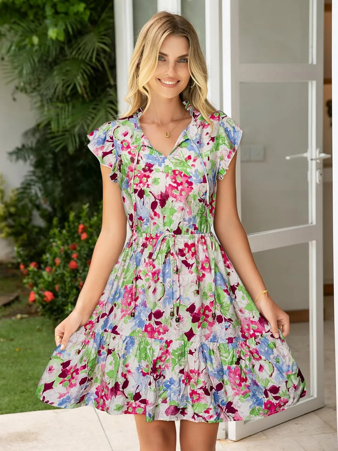 Simplee Womens Summer Dress 2025 Ruffle Short Sleeve Floral Boho Dress V Neck A-line Drawstring Mini Dress with Pockets