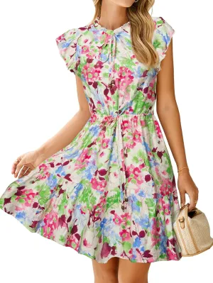 Simplee Womens Summer Dress 2025 Ruffle Short Sleeve Floral Boho Dress V Neck A-line Drawstring Mini Dress with Pockets