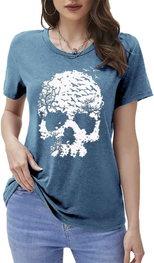 Skull Shirts for Women Funny Gothic Graphic T-Shirts Novelty Horror Tee Casual Athletic Tops