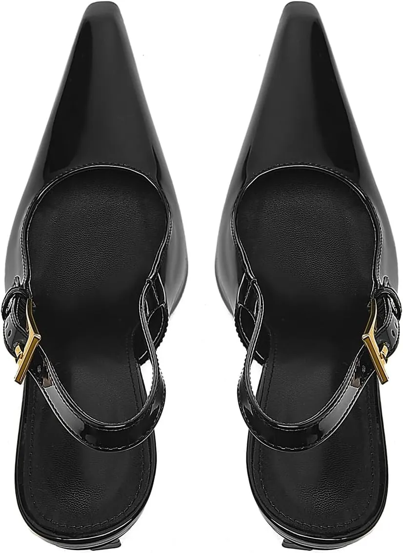 Slingback Heels for Women Pointed Toe Stiletto High Heels Pumps Metal Ankle Strap Slip-on Sandals Leather Dress Wedding Work Banquet Pumps Shoes