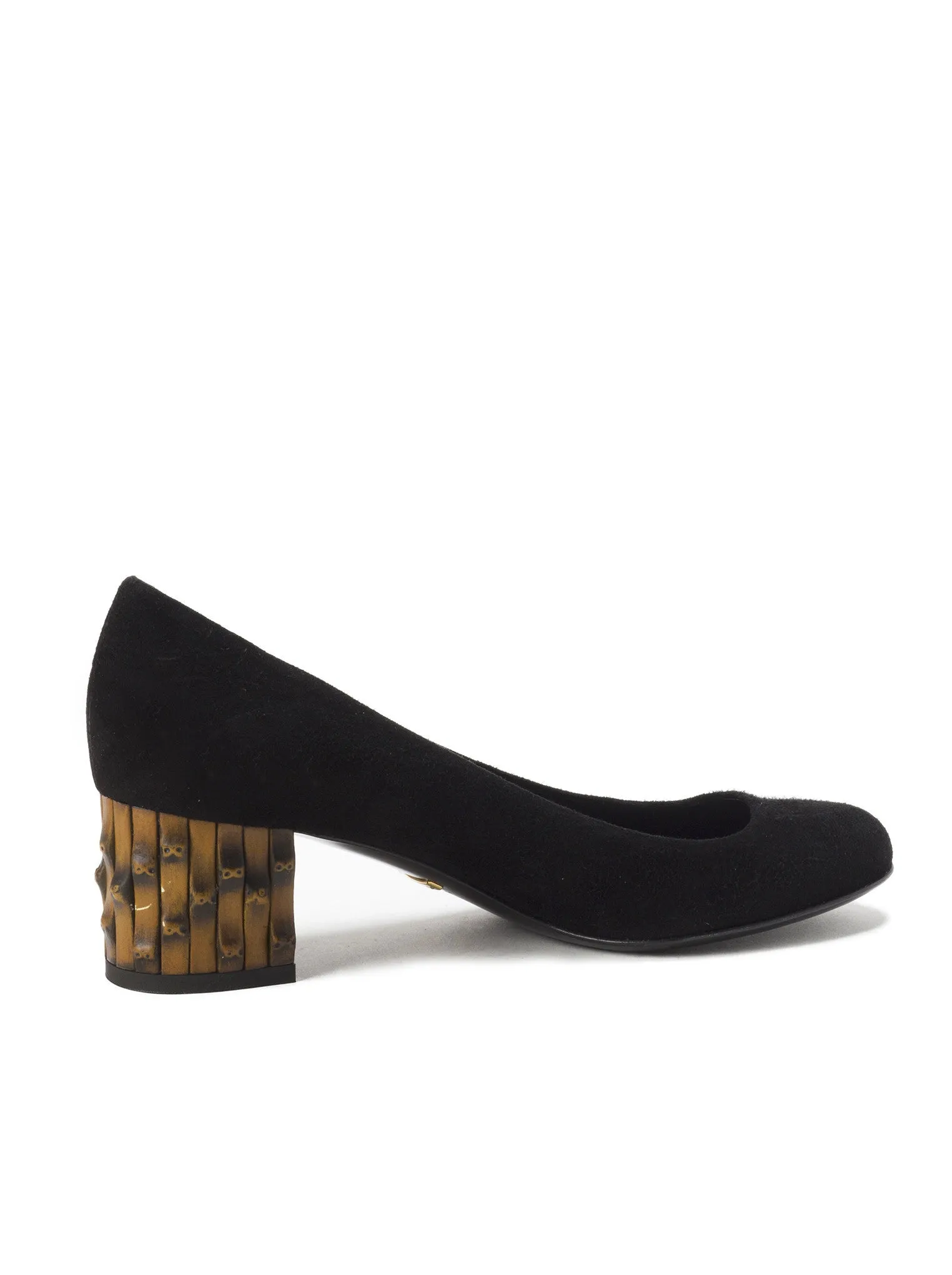 Suede Round Toe Bamboo Heel Low-Heel Pump - Black