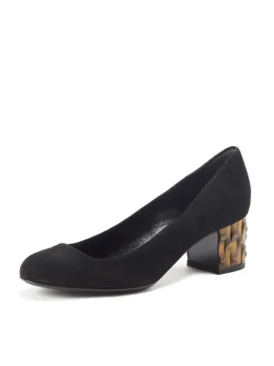 Suede Round Toe Bamboo Heel Low-Heel Pump - Black