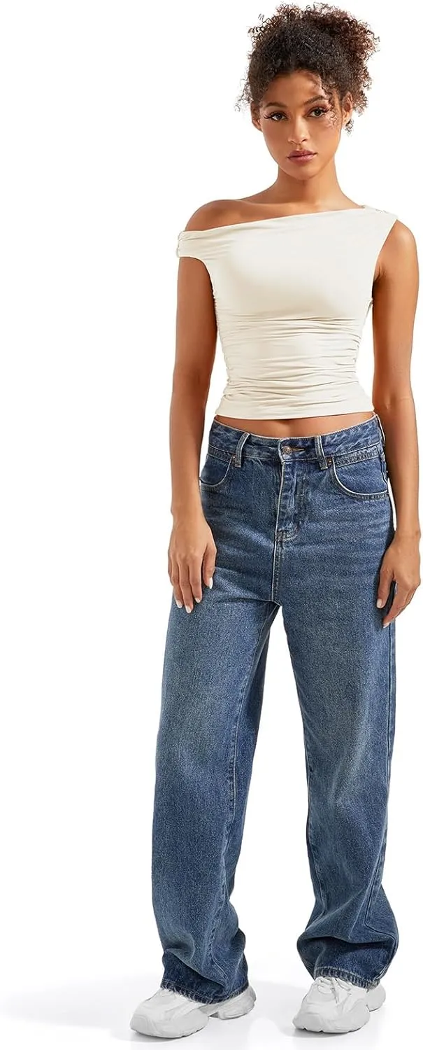 SUUKSESS Women Off Shoulder Tops Sleeveless Shirts Y2K Going Out Crop Tank Top
