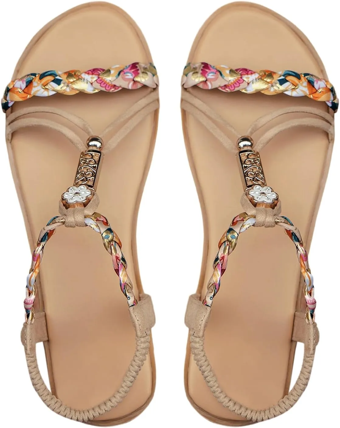 SweatyRocks Women's Flower Braided Flat Sandals Elastic Ankle Strap Vacation Sandals