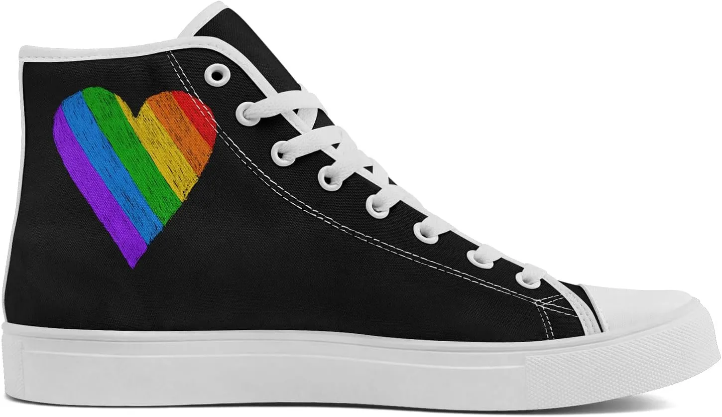 Unisex High Top Canvas Sneakers Lace-up Fashion Casual Walking Tennis Shoes Rainbow Stripe Heart Footwear