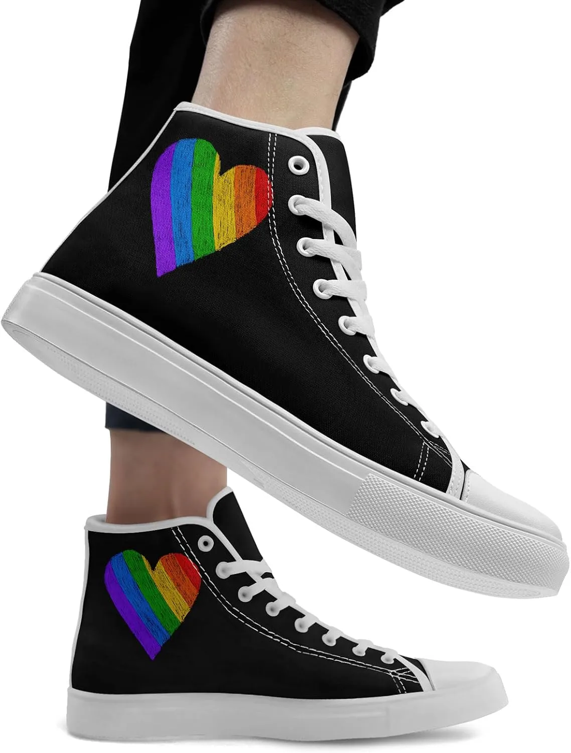 Unisex High Top Canvas Sneakers Lace-up Fashion Casual Walking Tennis Shoes Rainbow Stripe Heart Footwear