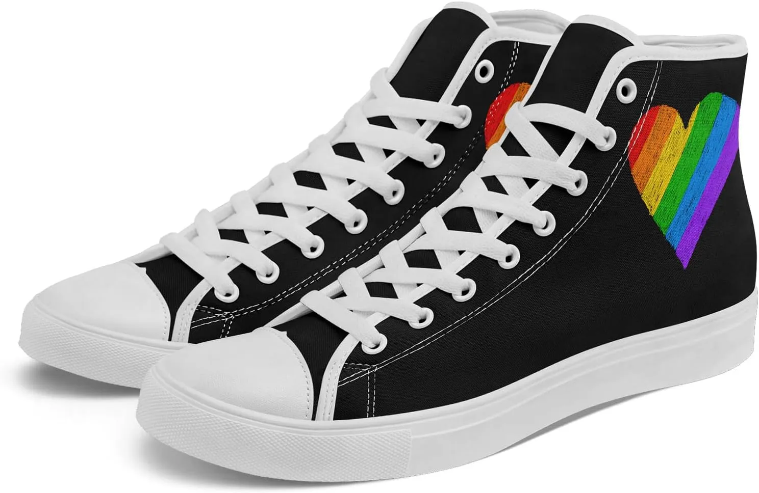 Unisex High Top Canvas Sneakers Lace-up Fashion Casual Walking Tennis Shoes Rainbow Stripe Heart Footwear