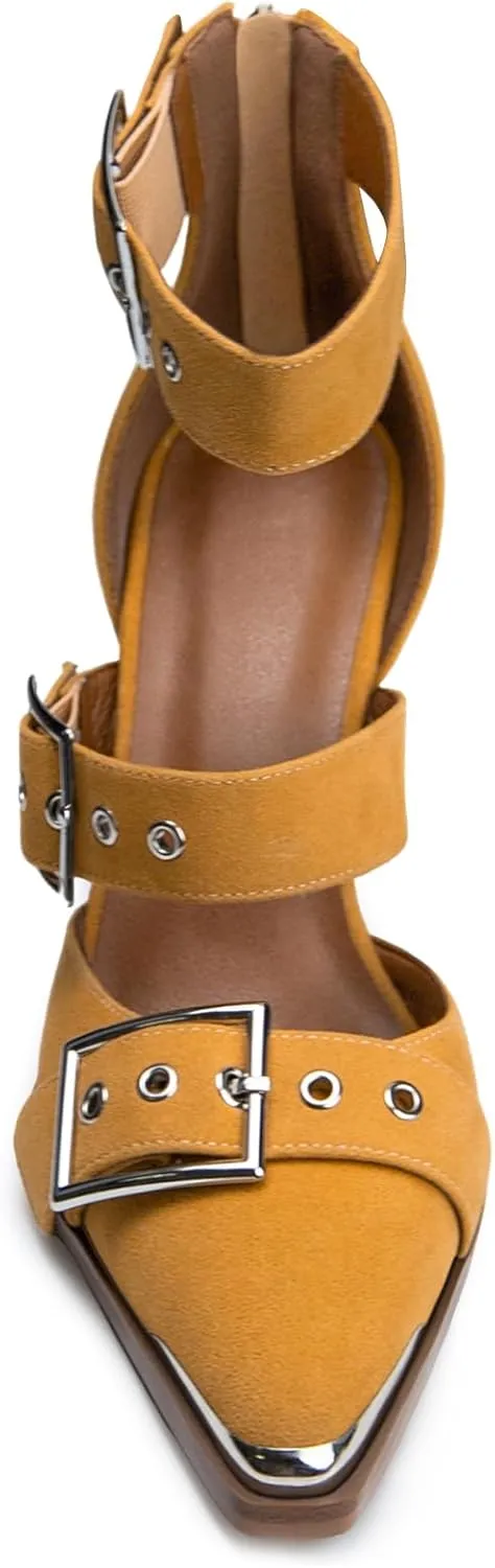 Western Sandals for Women Chunky Heel Pointed Toe Pumps Metal Buckle Strappy Western Comfortable Bridal Shoes