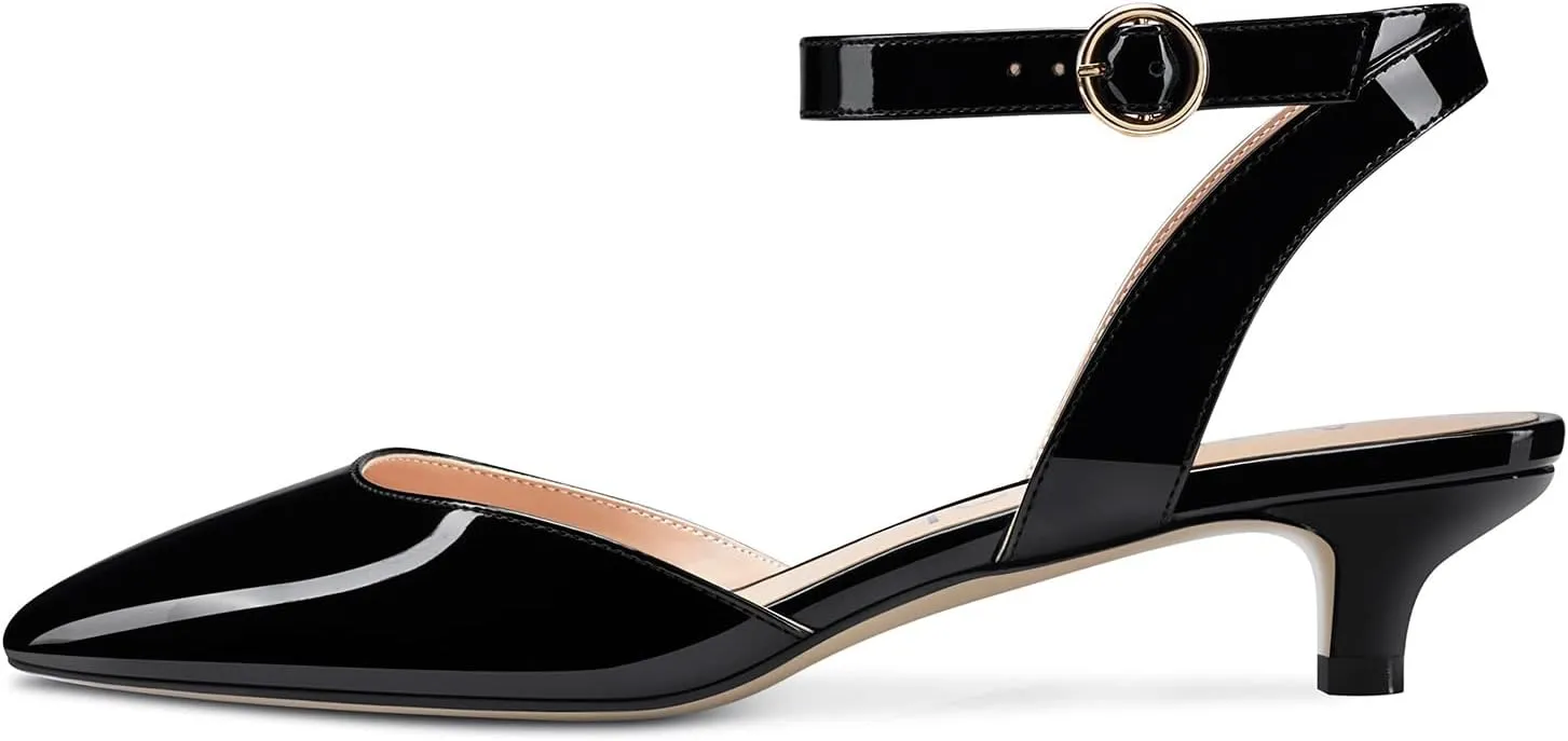 Women Kitten Low Heel Close Pointed Toe Pumps Ankle Strap Slingback Buckle Sandals Wedding Office Cute Classic Shoes