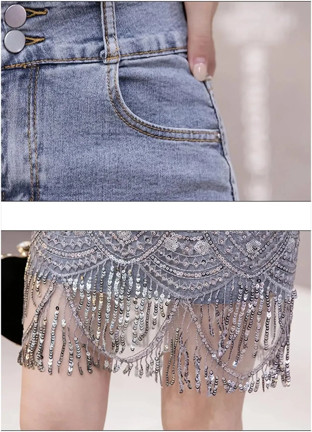 Women Patchwork Denim Mini Skirt High Waist Sequined Tassel Package Hip Jeans Skirts