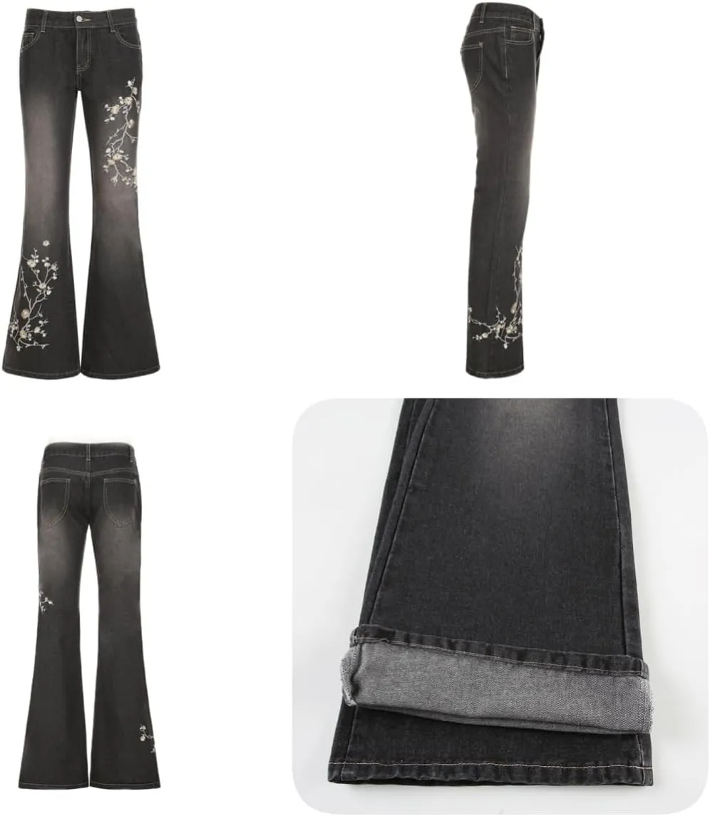 Women Y2k Jeans Low Rise Wide Leg Flare Denim Pants 90S Vintage Stretch Bell Bottom Trousers Streetwear