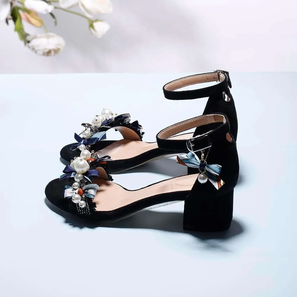 Women's Block Heel Sandals with Pearl Embellishments, Ankle Strap, Black Suede, Navy Bow Details