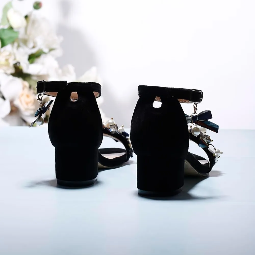 Women's Block Heel Sandals with Pearl Embellishments, Ankle Strap, Black Suede, Navy Bow Details