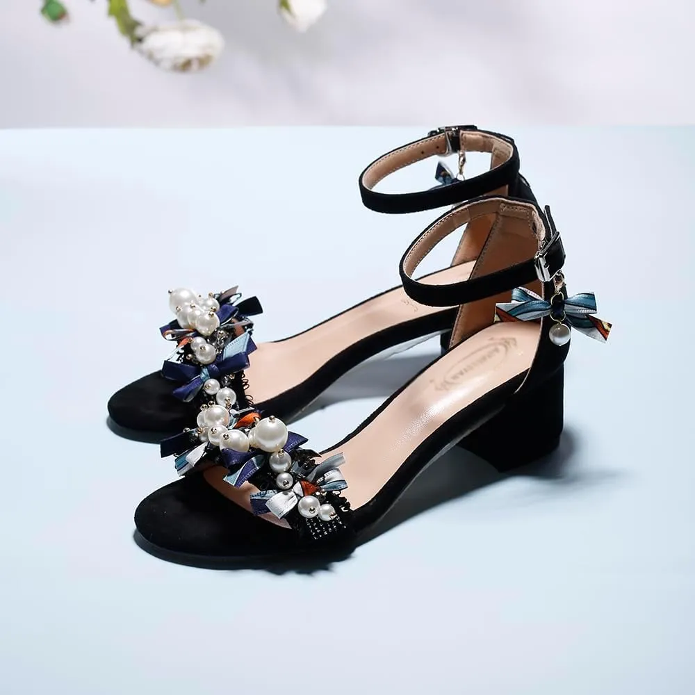 Women's Block Heel Sandals with Pearl Embellishments, Ankle Strap, Black Suede, Navy Bow Details