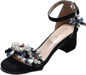 Women's Block Heel Sandals with Pearl Embellishments, Ankle Strap, Black Suede, Navy Bow Details