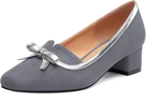 Women's Bowknot Low Chunky Block Heels Suede Square Closed Toe Slip On Pumps Evening Wedding Party Office Work Dress Shoes ﻿
