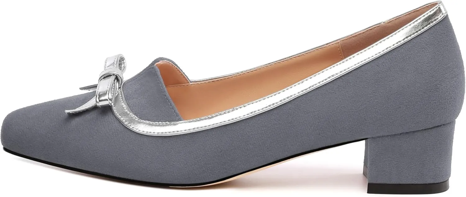 Women's Bowknot Low Chunky Block Heels Suede Square Closed Toe Slip On Pumps Evening Wedding Party Office Work Dress Shoes ﻿