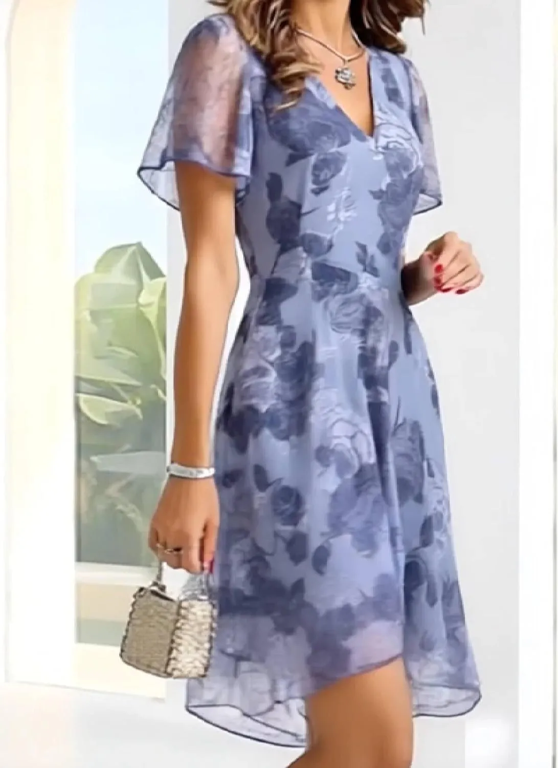 Women's Fresh Blue Short Sleeve Mini Dress Elegant Trendy Lace Term Floral Print V Neck Smocked Flowy Mini Dress