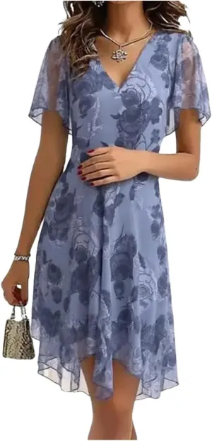 Women's Fresh Blue Short Sleeve Mini Dress Elegant Trendy Lace Term Floral Print V Neck Smocked Flowy Mini Dress