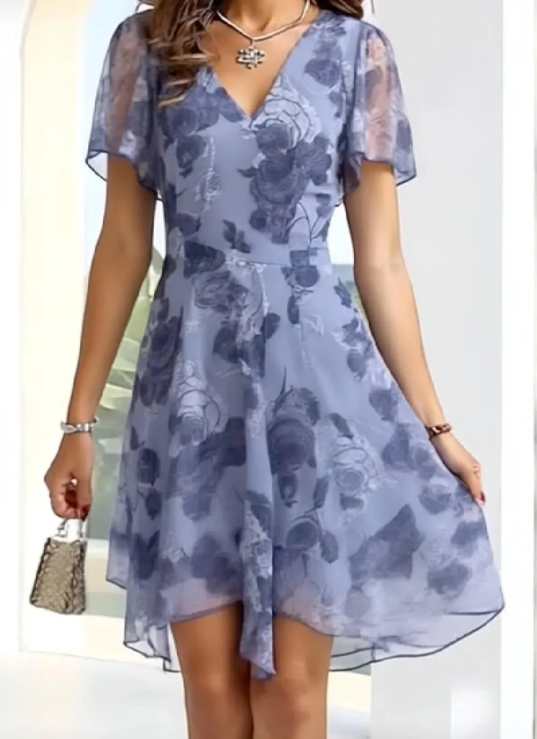 Women's Fresh Blue Short Sleeve Mini Dress Elegant Trendy Lace Term Floral Print V Neck Smocked Flowy Mini Dress