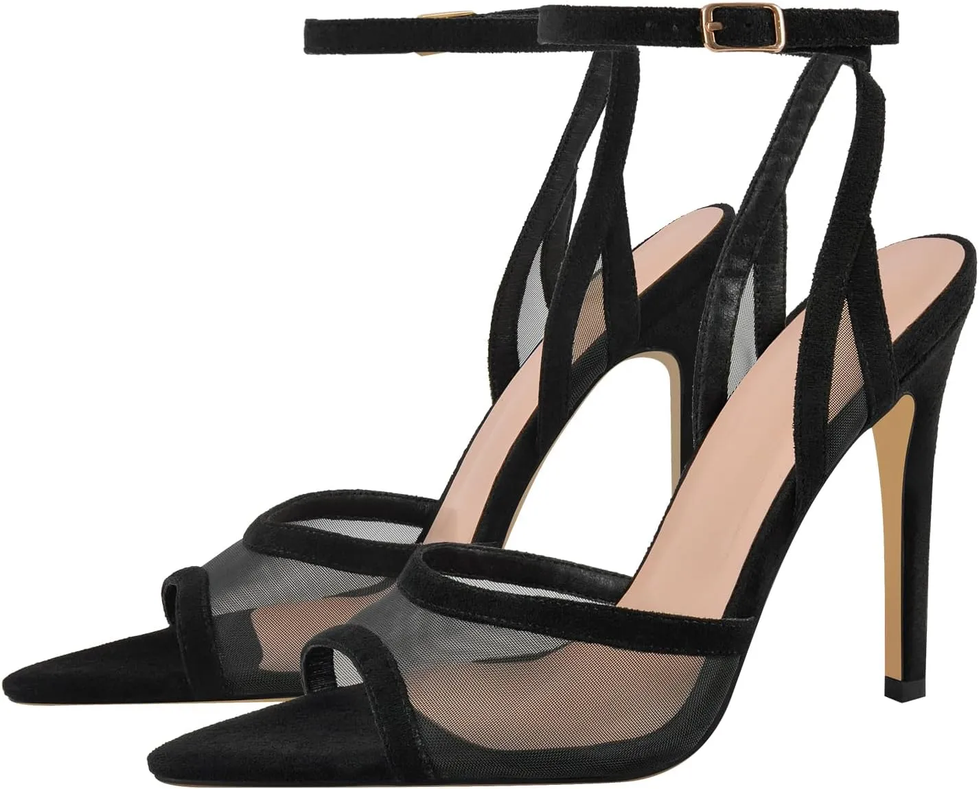 Women's Heeled Sandals Mesh Stiletto Pointed Toe Open Toe Ankle Buckle Strap Slingback High Heel Sandals Summer Dress Shoes