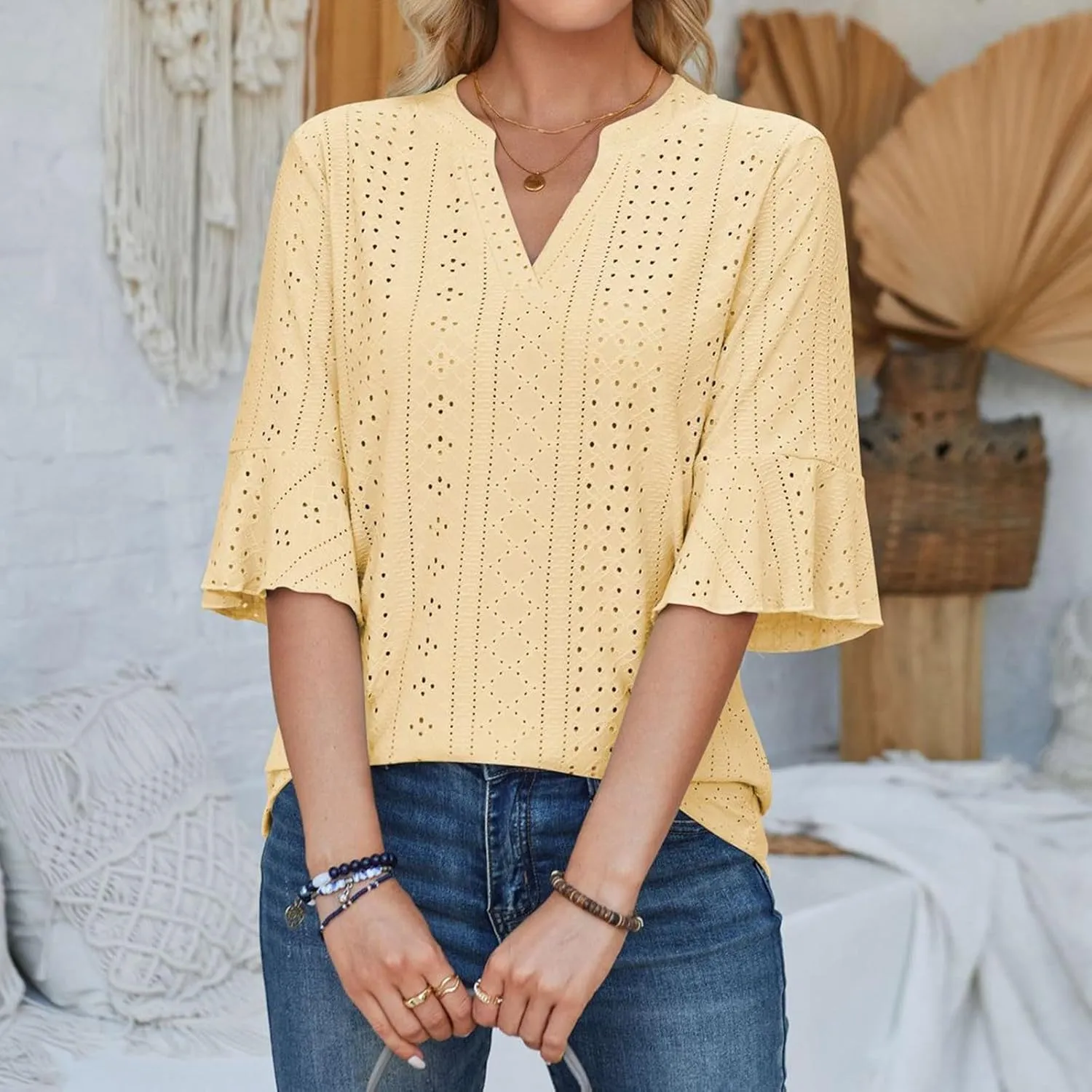 Womens Summer Eyelet Tops 3/4 Sleeve V Neck T Shirts Dressy Casual Blouses Business Work Teess Loose Fit Tshirts