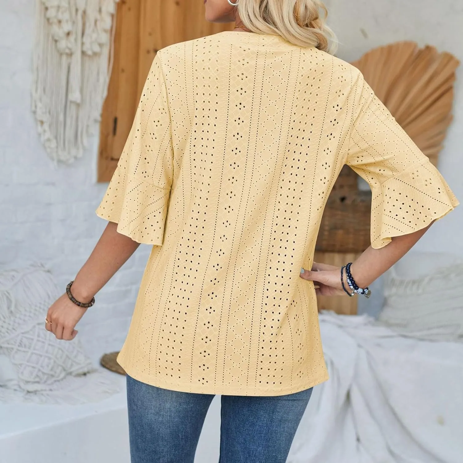 Womens Summer Eyelet Tops 3/4 Sleeve V Neck T Shirts Dressy Casual Blouses Business Work Teess Loose Fit Tshirts