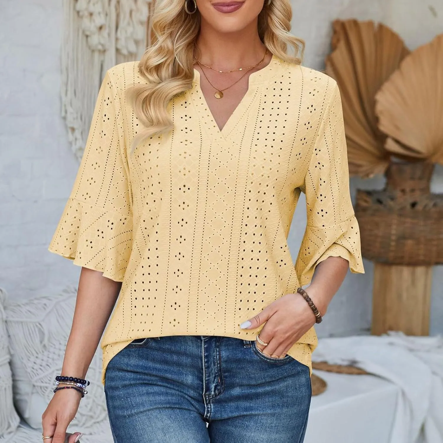 Womens Summer Eyelet Tops 3/4 Sleeve V Neck T Shirts Dressy Casual Blouses Business Work Teess Loose Fit Tshirts