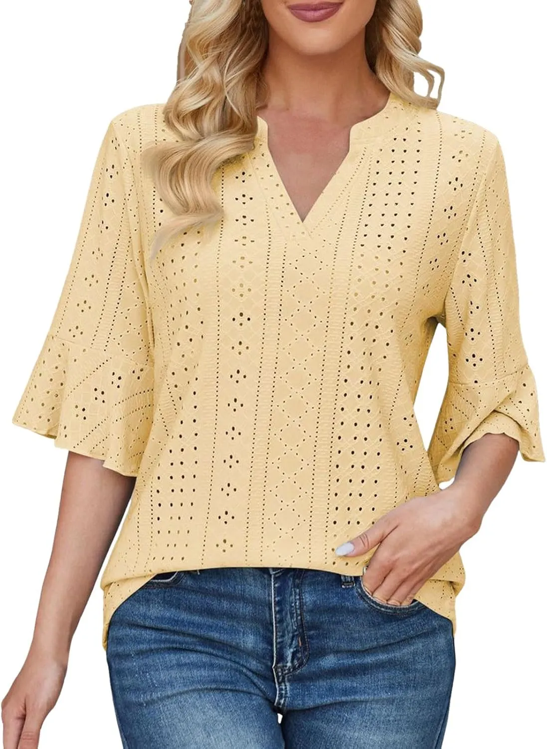 Womens Summer Eyelet Tops 3/4 Sleeve V Neck T Shirts Dressy Casual Blouses Business Work Teess Loose Fit Tshirts