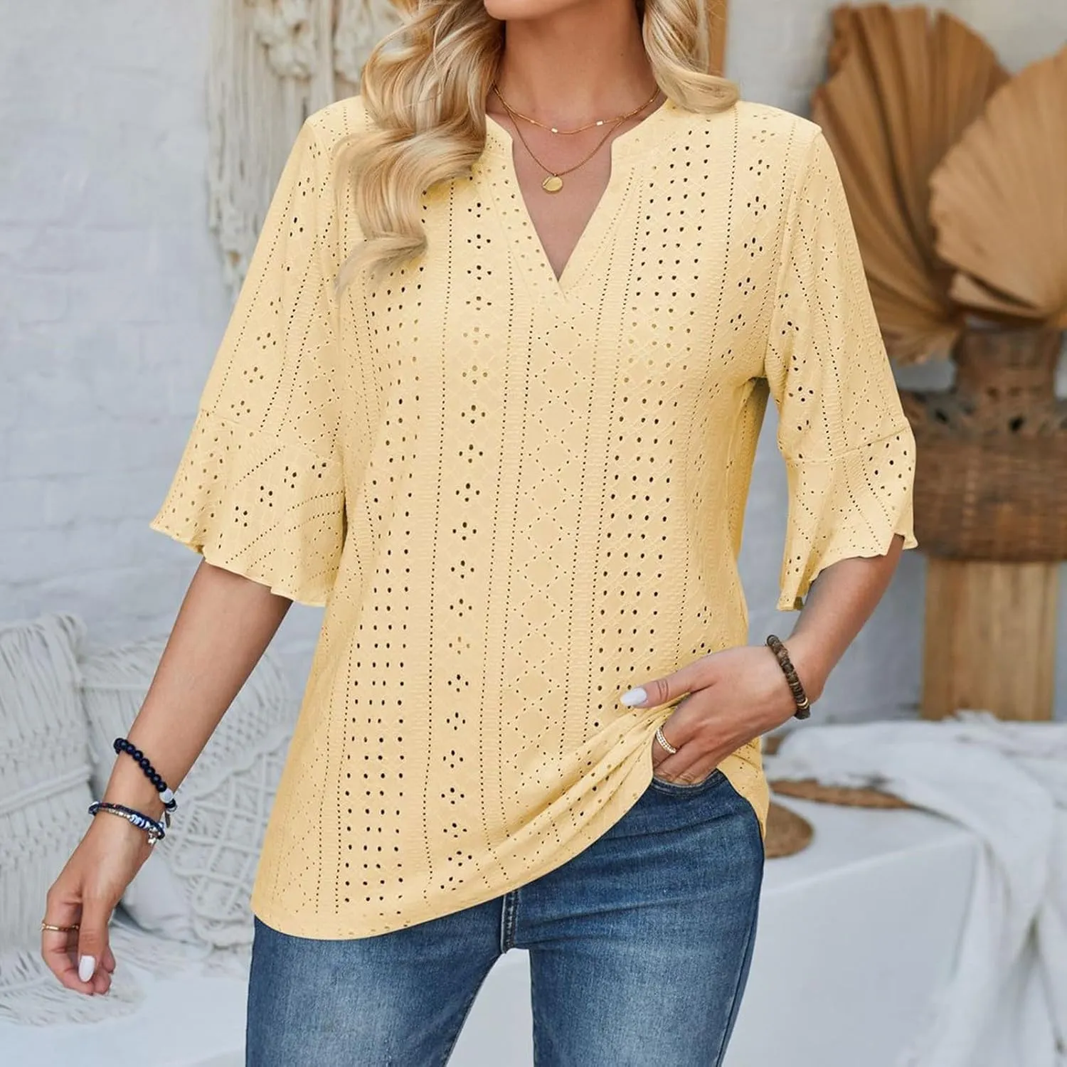 Womens Summer Eyelet Tops 3/4 Sleeve V Neck T Shirts Dressy Casual Blouses Business Work Teess Loose Fit Tshirts