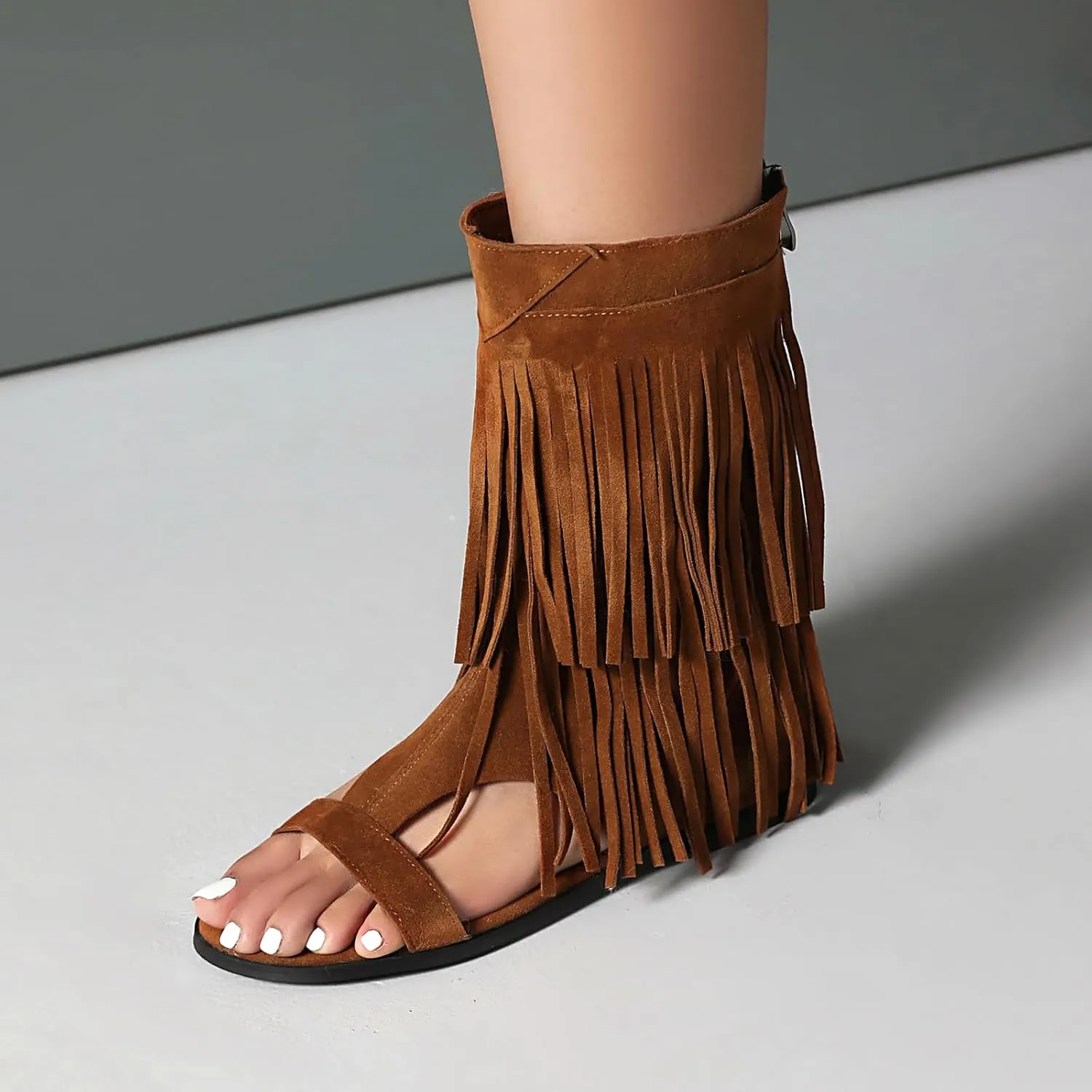 Womens Summer Tassel Mid Calf Boots Flat Roman Gladiator Sandals US3-US13.5